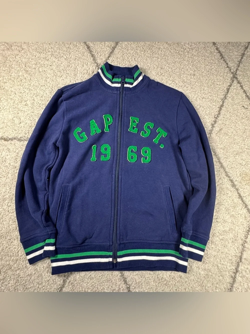 GAP Kids Navy Zip-Up Bomber Jacket with Green Lettering